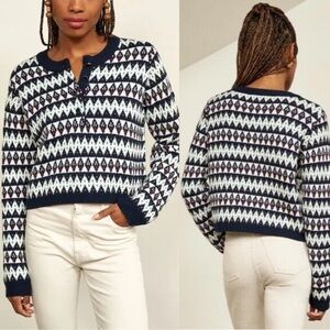 LA LIGNE NEW YORK Courchevel Fair Isle Merino Wool Henley Sweater in Navy Multi